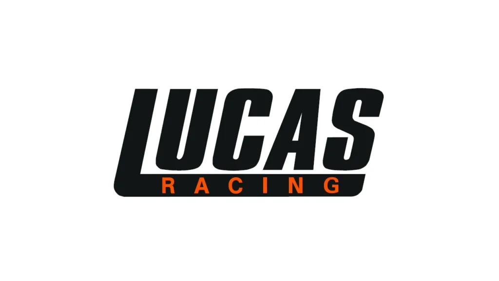 Lucas Racing logo with bold black lettering and orange highlights on a transparent background.